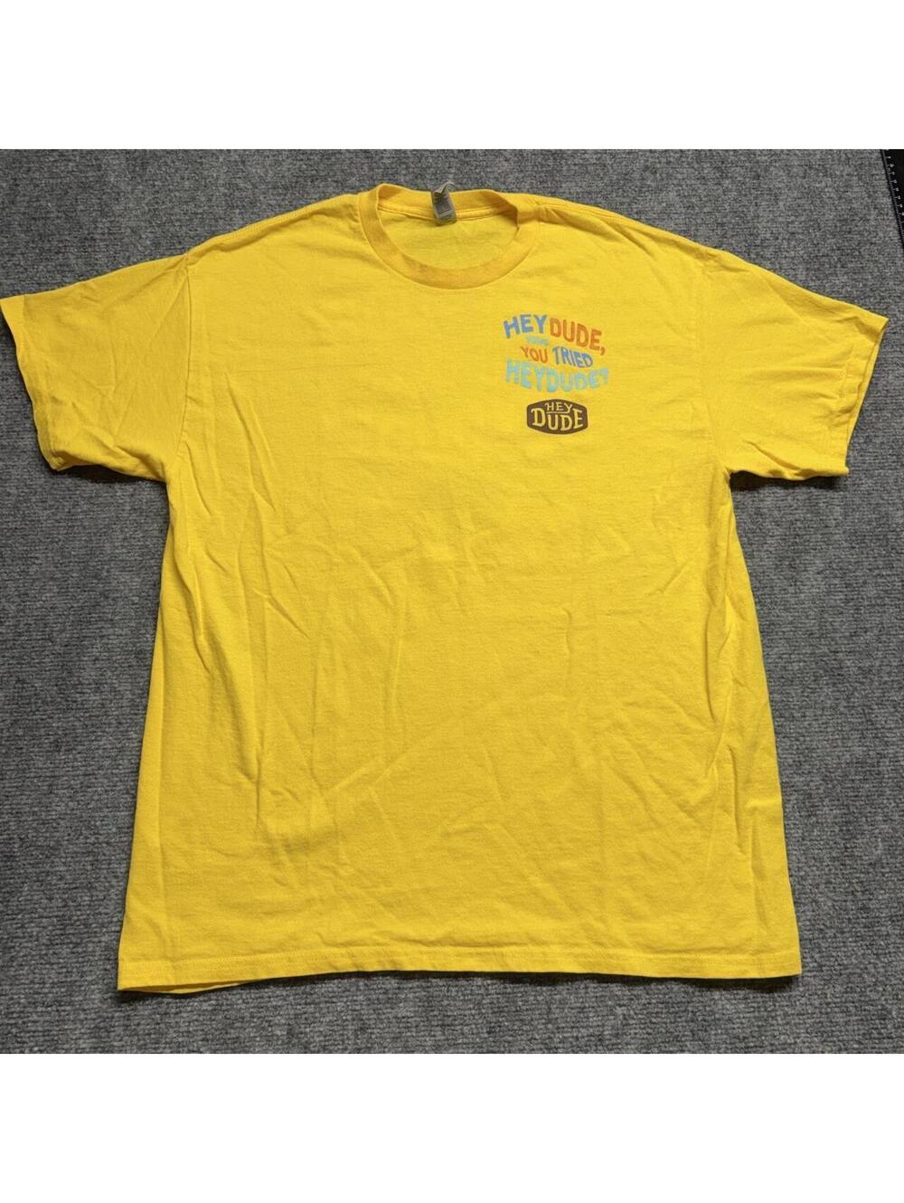 Hey Dude yellow cotton t-shirt logo, size L